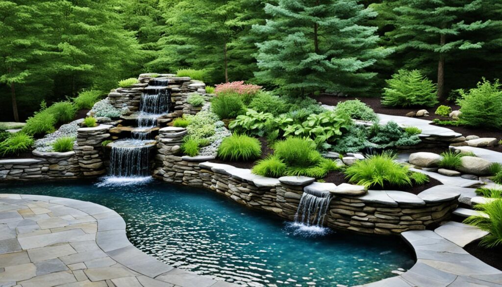 Natural stone landscaping around water feature